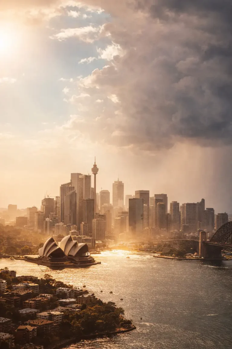 Sydney skyline under intense afternoon heat with golden sunlight reflecting on the harbour and storm clouds building in the distance.