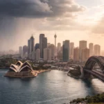 Sydney skyline with Harbour Bridge and Opera House under shifting clouds, morning rain on one side and warm sunlight breaking through on the other.