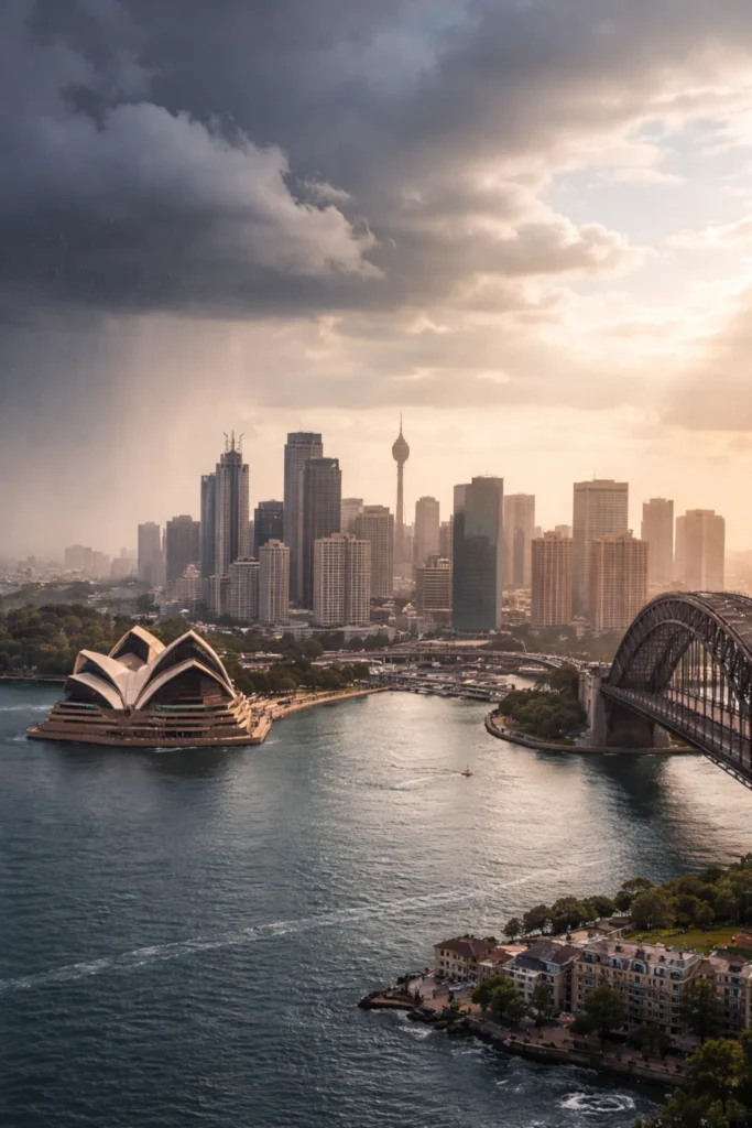 Sydney skyline with Harbour Bridge and Opera House under shifting clouds, morning rain on one side and warm sunlight breaking through on the other.