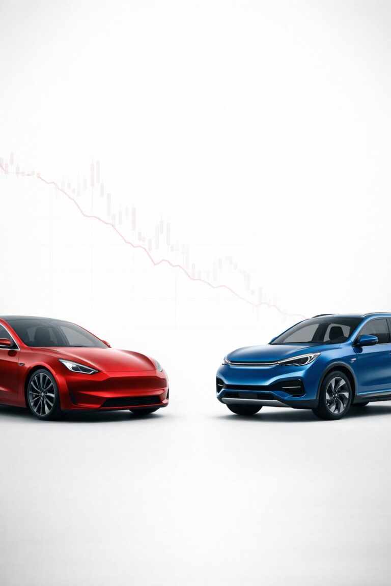 Tesla and BYD electric vehicles shown with a subtle stock market overlay, illustrating competition in the global plug-in car market.