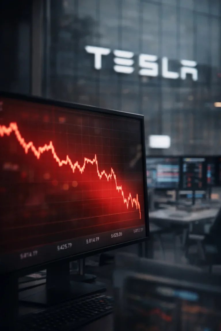 Tesla stock price volatility displayed on a red trading screen as shares slide toward the key $400 support level