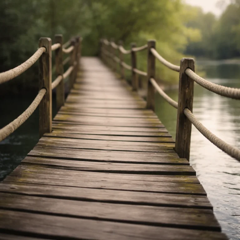 Old wooden footbridge gently swaying over calm water symbolising unsteady movement