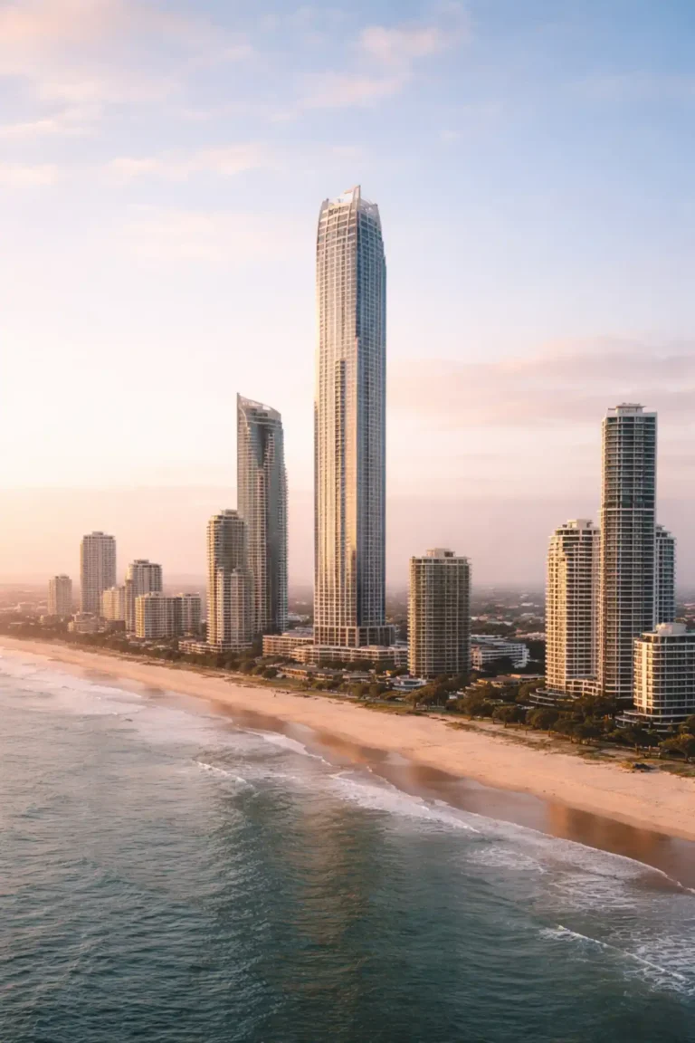 Proposed 340-metre Trump Tower concept rising above the Surfers Paradise skyline on the Gold Coast.