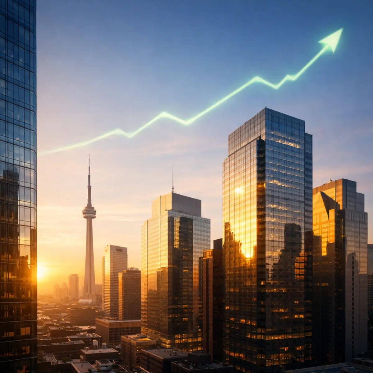Toronto skyline financial district sunrise representing TSX 34,142 record high and Canada stock market rally