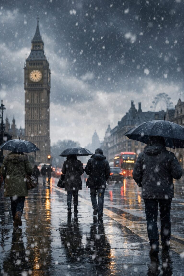UK winter weather with rain and snow under grey skies as unsettled conditions continue