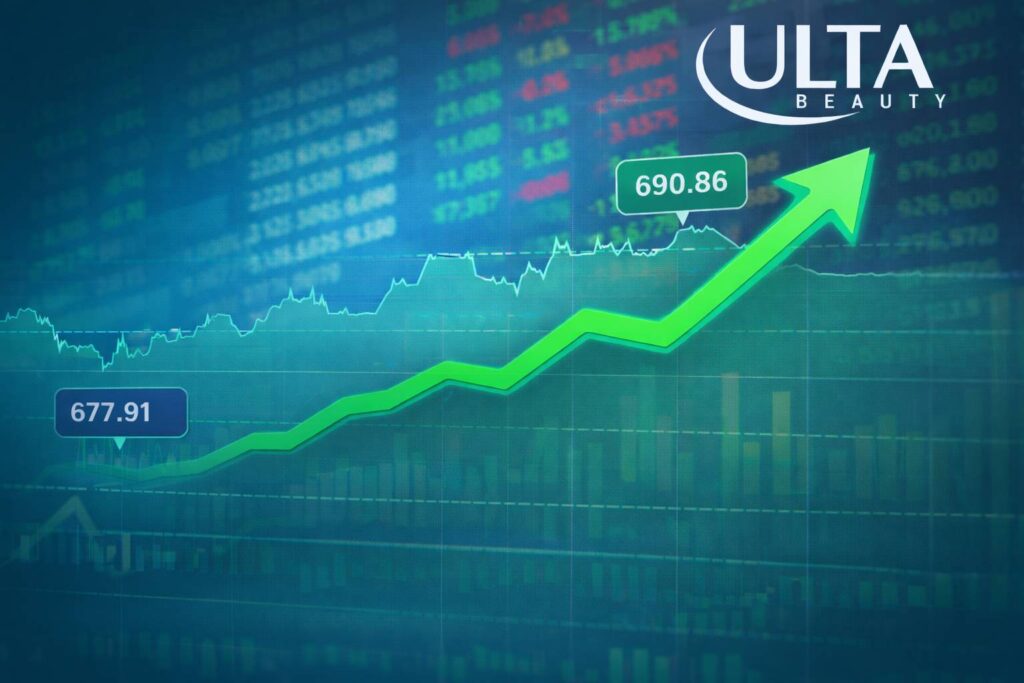 Ulta Beauty stock chart showing upward momentum as shares rise toward 690 amid positive earnings outlook
