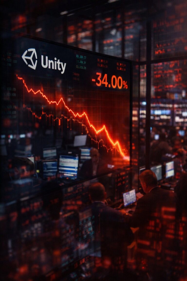 Unity stock chart showing sharp 34% drop after earnings guidance cut