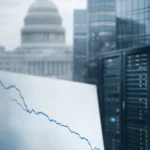 U.S. Capitol in background with declining economic chart and data servers symbolizing 1.4% GDP slowdown in Q4 2025 amid federal shutdown impact