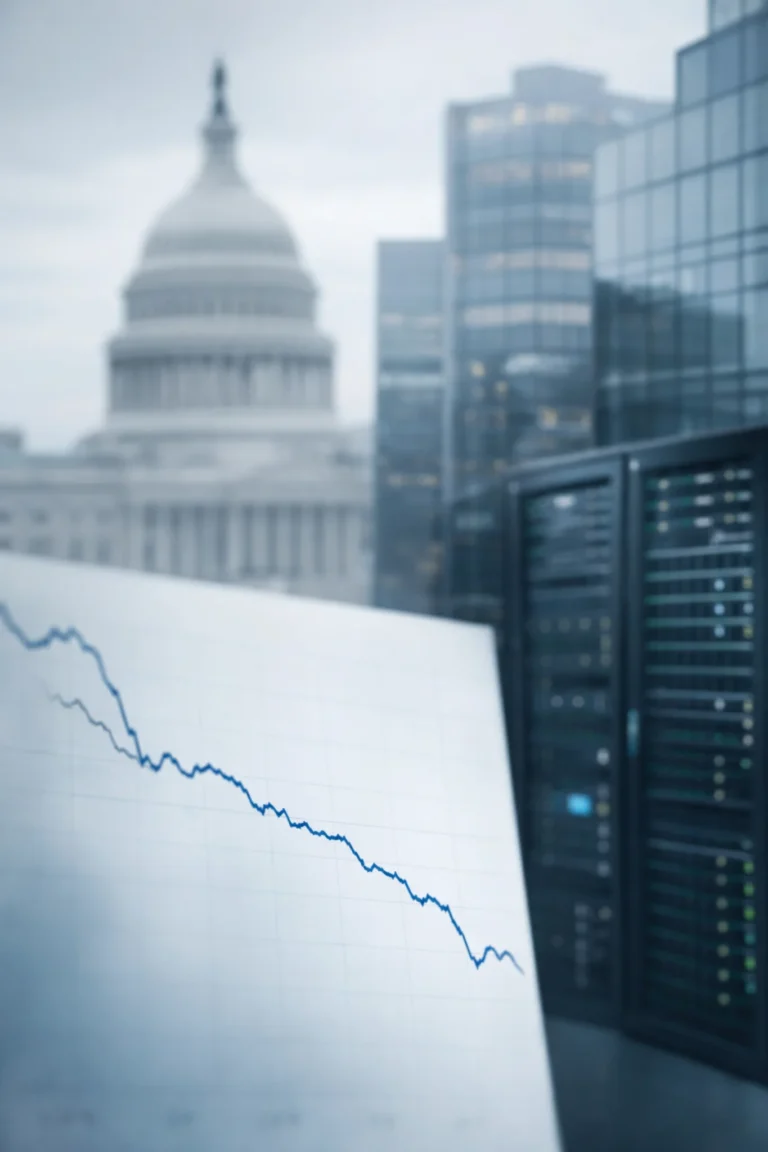 U.S. Capitol in background with declining economic chart and data servers symbolizing 1.4% GDP slowdown in Q4 2025 amid federal shutdown impact