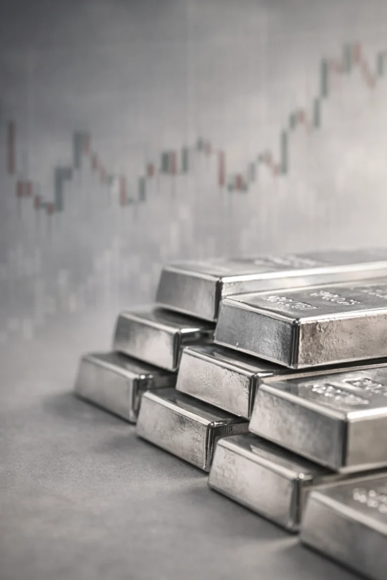 Stacked silver bullion bars with blurred financial candlestick chart in background representing US silver price volatility near $77 per ounce