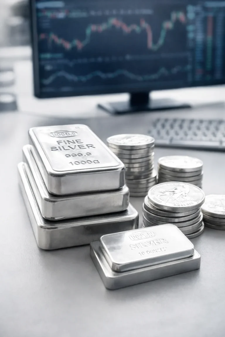 Silver bullion bars and coins representing US silver price surge above $91 per ounce