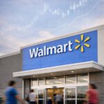Walmart store exterior ahead of Q4 earnings with shoppers entering and financial market chart overlay showing stock volatility.
