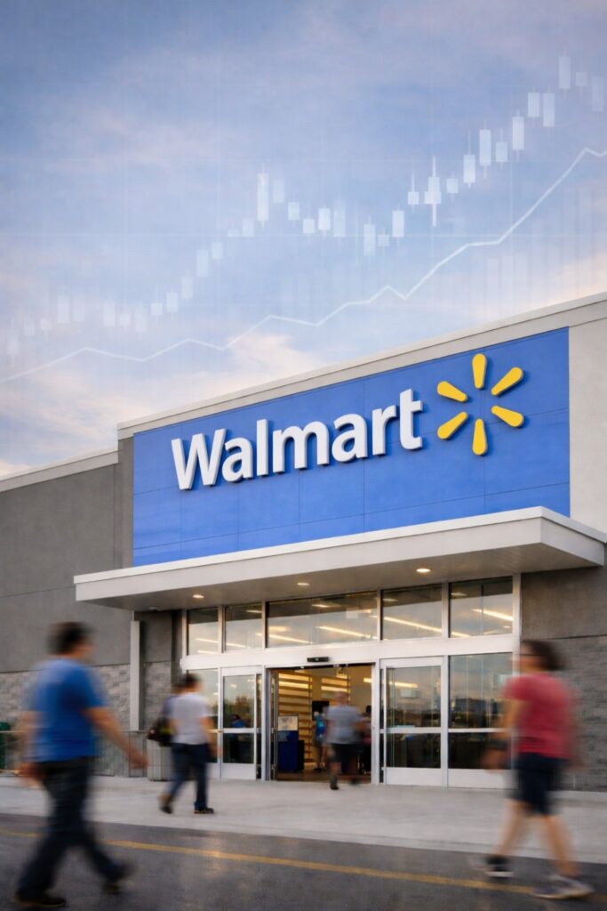 Walmart store exterior ahead of Q4 earnings with shoppers entering and financial market chart overlay showing stock volatility.