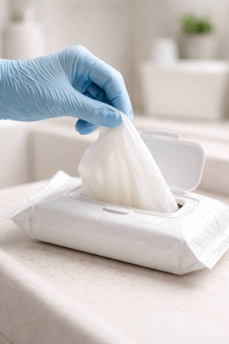 Gloved hand removing a wet wipe from an open package in a clean bathroom setting