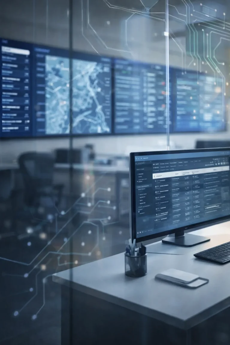 WiseTech Global logistics software control room with AI-powered digital tracking screens as WTC.AX stock surges on restructuring news.