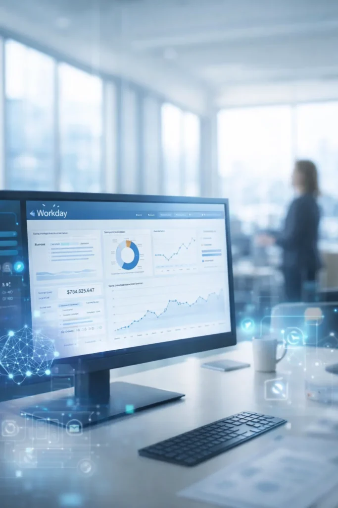 Workday corporate office environment with AI-inspired digital analytics interface representing enterprise software earnings growth