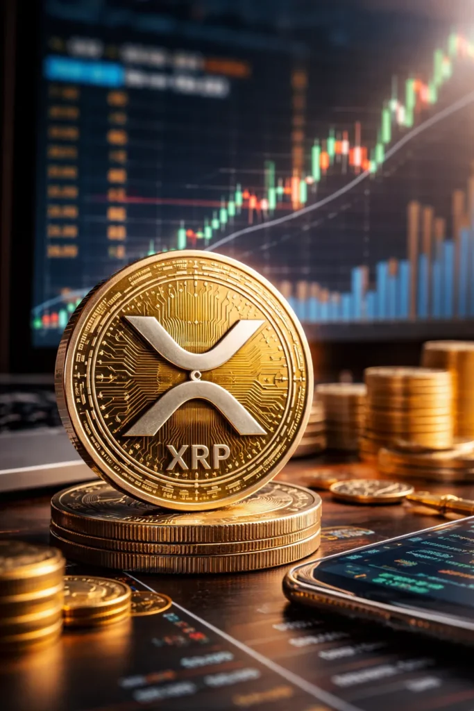 XRP cryptocurrency coin in front of rising candlestick trading chart representing price recovery and market momentum