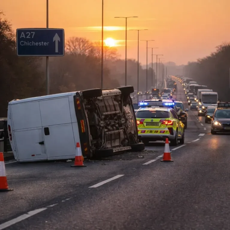 A27 Crash Sparks 6AM Traffic Chaos as Overturned Van Shuts Emsworth–Chichester Route
