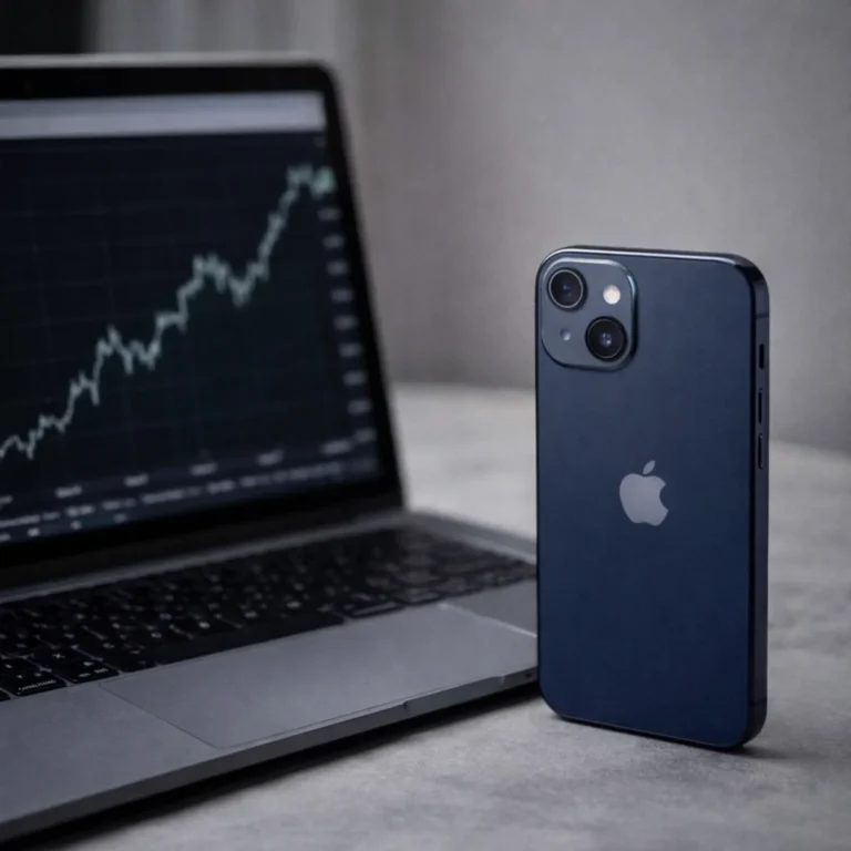 Apple iPhone placed beside a laptop displaying a rising stock chart in a clean financial newsroom setting.