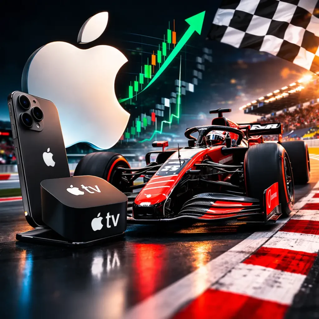 Apple Formula 1 streaming deal concept with F1 race car and Apple ecosystem representing sports media expansion