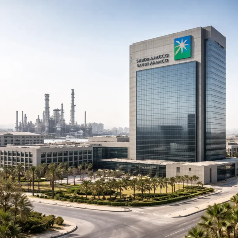 Saudi Aramco headquarters in Dhahran with oil refinery in background during oil price surge market news