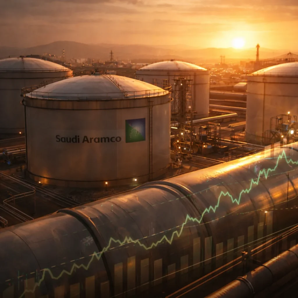 Saudi Aramco oil storage tanks and pipelines during sunset representing rising global oil prices amid Middle East conflict.