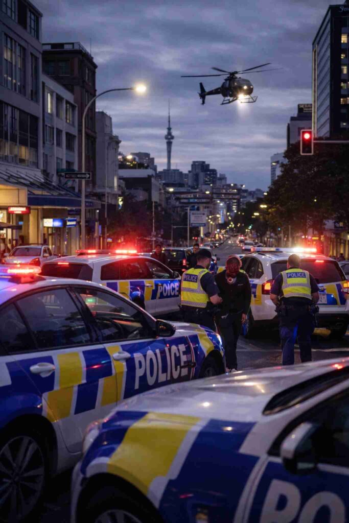Breaking Auckland News: 15 Police Cars and Helicopter Chase Vehicle in CBD