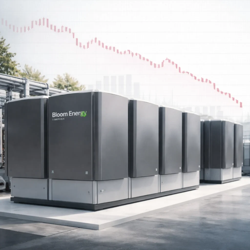 Bloom Energy fuel cell power systems with declining stock chart concept representing BE stock plunge