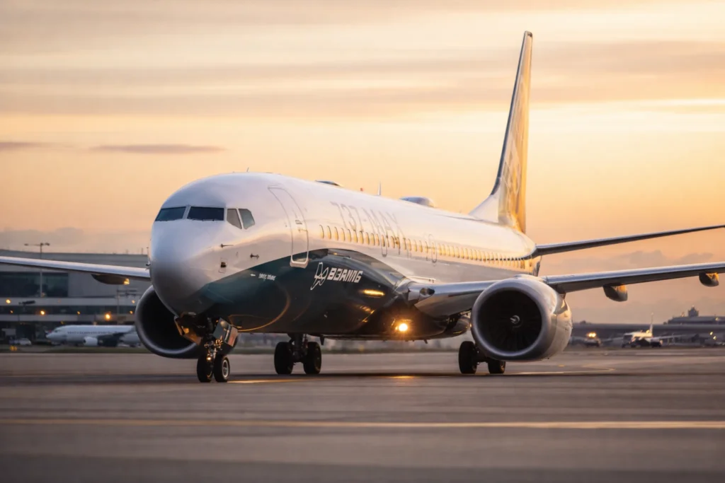 Boeing 737 MAX passenger aircraft taxiing on runway during sunset at international airport
