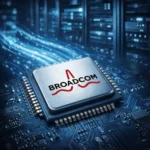Broadcom semiconductor chip on circuit board representing AVGO stock and AI data center demand.