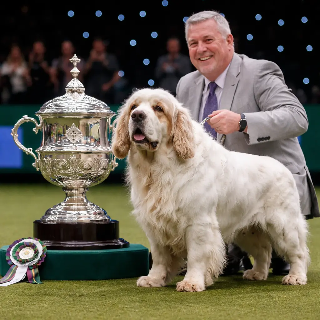Bruin the Clumber spaniel winning Best in Show at Crufts 2026 dog show in Birmingham