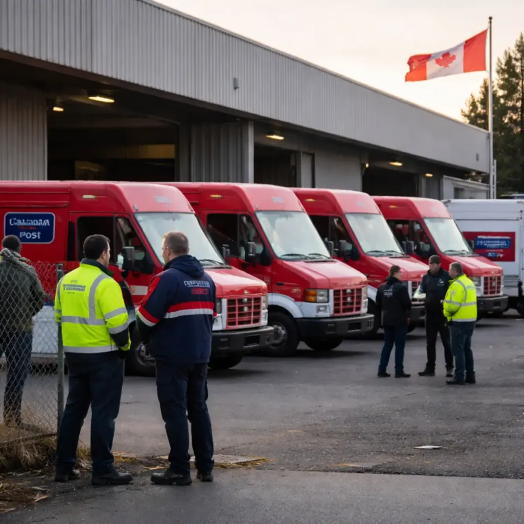 Canada Post workers standing near delivery trucks outside sorting facility during contract dispute