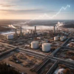 Canadian Natural Resources oil sands production facility in Alberta Canada with industrial pipelines and energy infrastructure