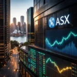 "Sydney financial district with ASX building and stock ticker showing rising charts, Opera House in the background."