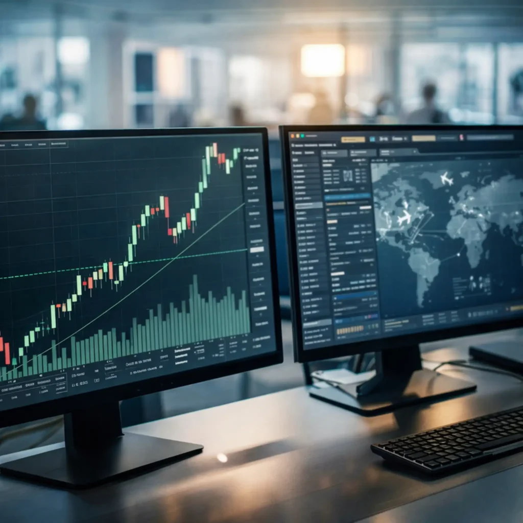 Constellation Software stock trading screens showing rising market chart after Sabre governance agreement news.