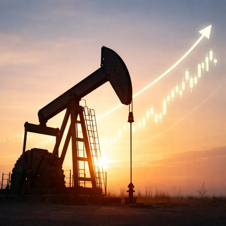 US crude oil pumpjack with rising market chart background representing WTI crude oil price surge to $86 per barrel today.