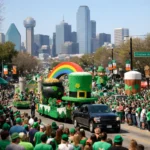 Dallas St. Patrick’s Day Parade floats and crowds on Greenville Avenue with Dallas skyline