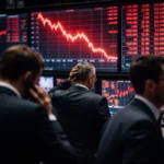Wall Street traders watch large red stock screens showing a sharp market decline as Dow futures plunge amid rising geopolitical tensions.