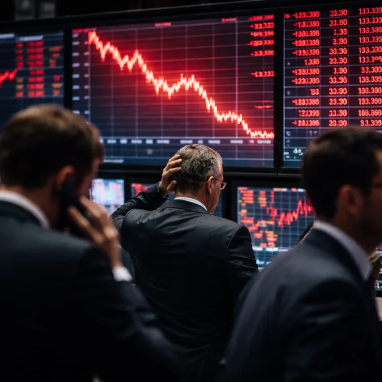 Wall Street traders watch large red stock screens showing a sharp market decline as Dow futures plunge amid rising geopolitical tensions.