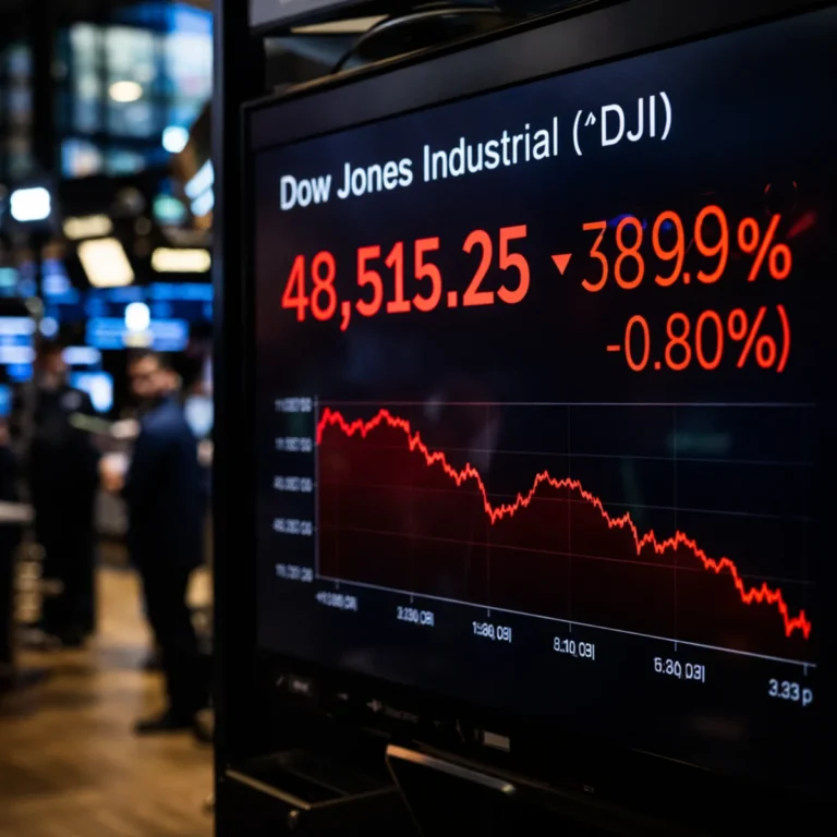 Dow Jones Industrial Average trading screen showing 48,515 level with red intraday losses on Wall Street