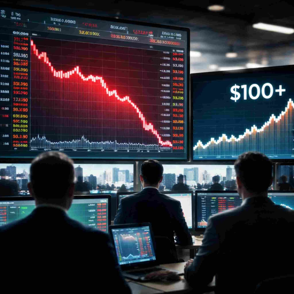 Dow futures crash on trading screens as stock market charts fall sharply while oil prices surge above $100 per barrel