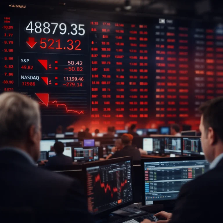 Dow futures trading floor with red stock market decline indicators after 521-point Dow drop