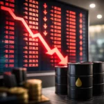 Dow slide displayed on a red stock market screen with falling chart arrow as oil barrels sit in the foreground during Iran conflict-driven market volatility
