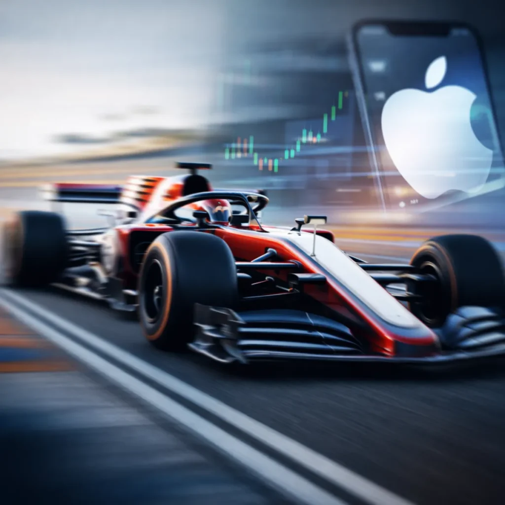 Formula 1 race car with Apple ecosystem visuals representing Formula One Group stock and Apple streaming partnership