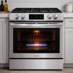 Frigidaire gas oven with visible flame ignition inside modern kitchen
