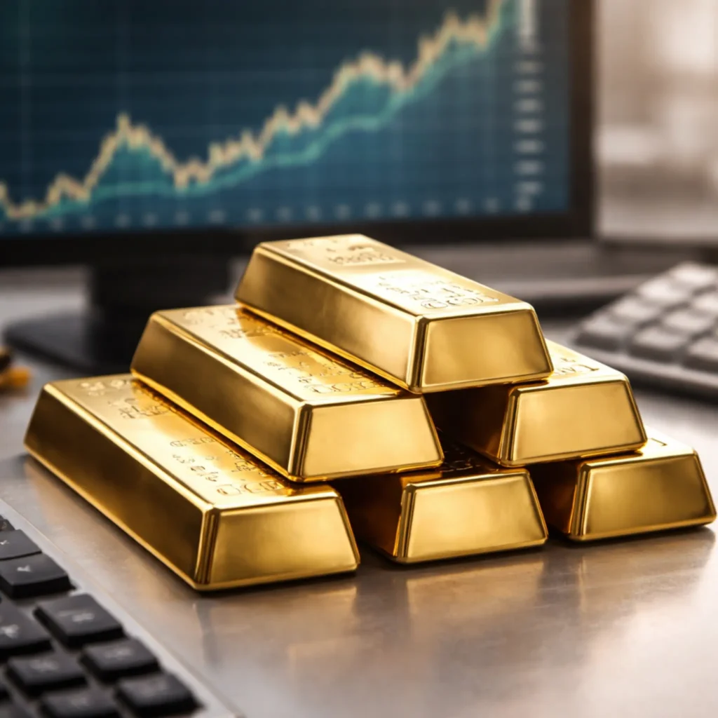 Stacked gold bars representing COMEX gold futures rally in the U.S. market