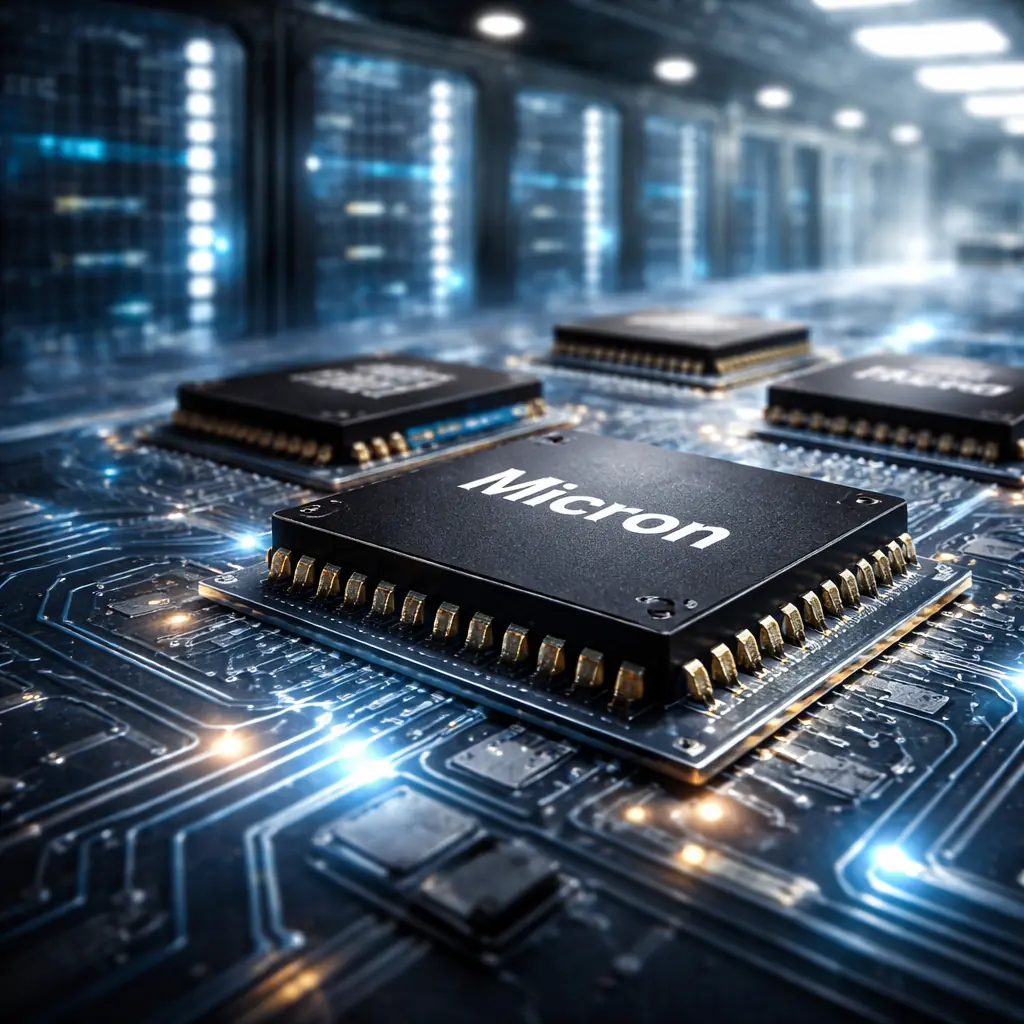Micron semiconductor memory chips representing AI data center demand and global chip manufacturing expansion.