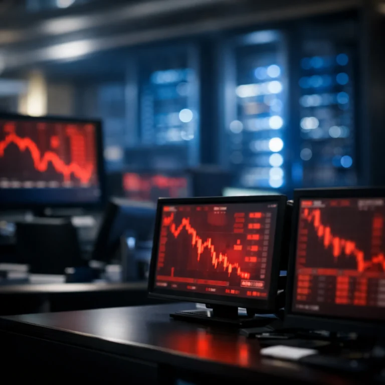 Wall Street trading monitors displaying sharp red stock market declines with AI data center servers blurred in the background.