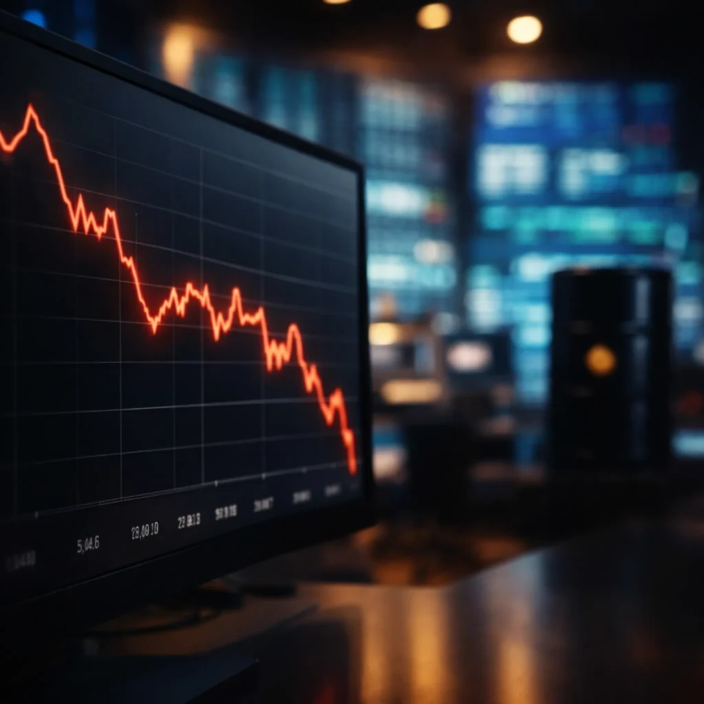 Nasdaq stock market chart falling on trading screens as oil prices surge above 90 dollars impacting Wall Street markets.