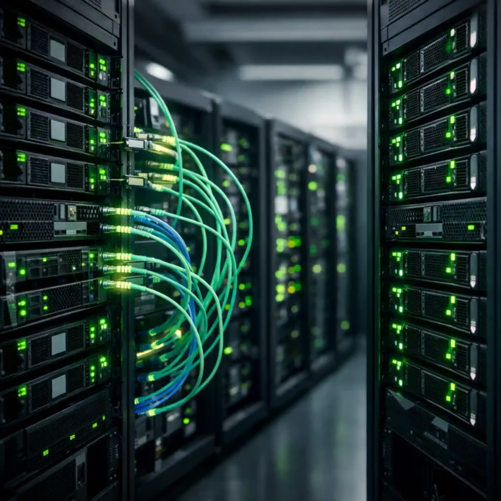 Nvidia AI data center servers connected with high-speed optical fiber cables powering artificial intelligence infrastructure